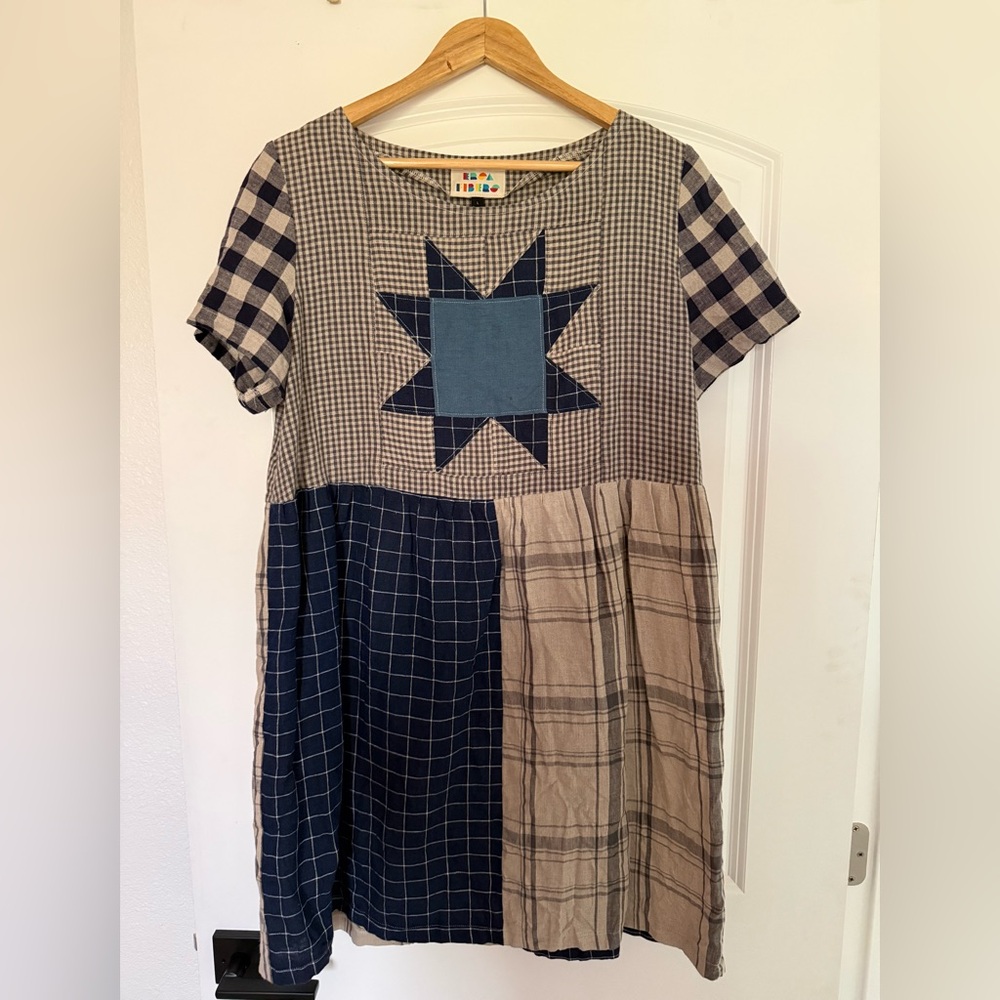 Patchwork Mini Dress in Blue and Beige